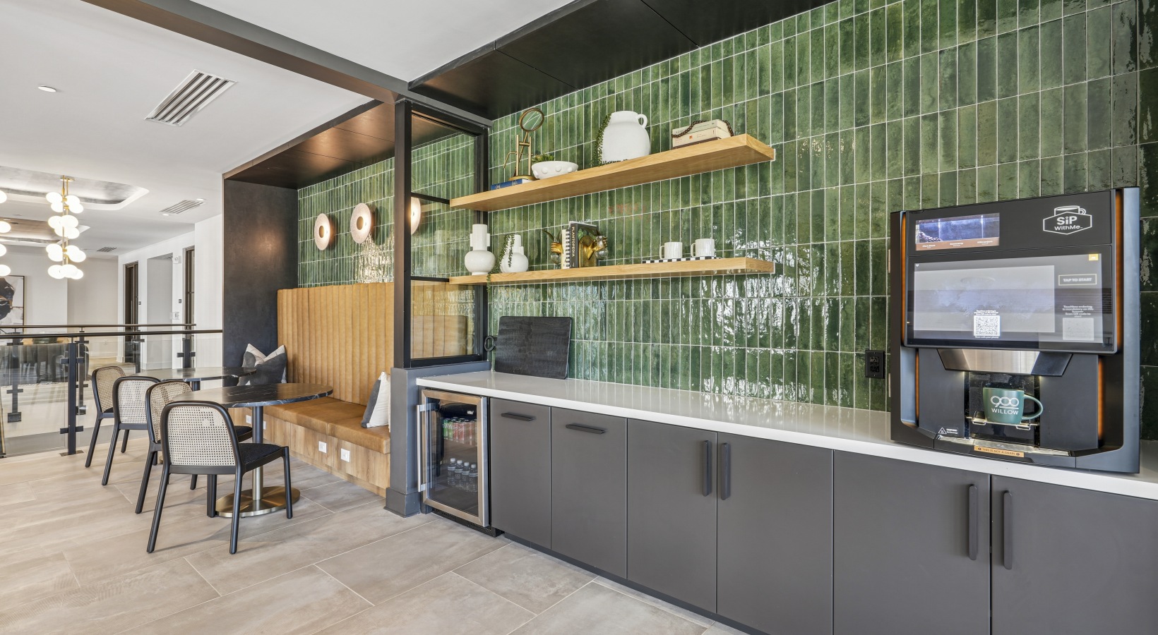 A bright room with a white swinging couch.