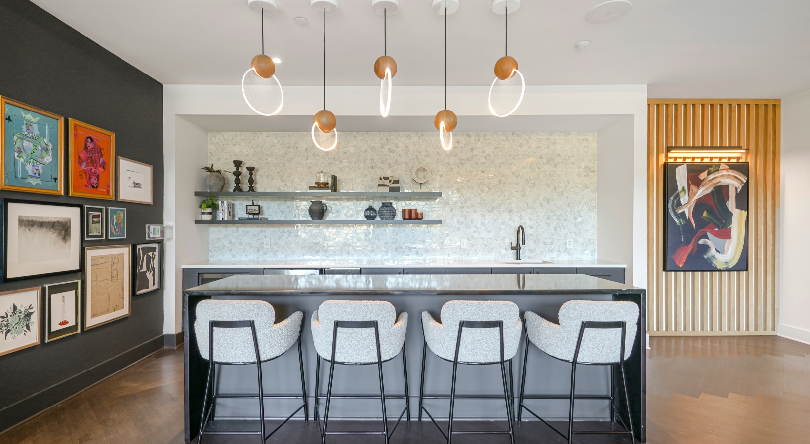 Conference table with chairs around it in an open room.