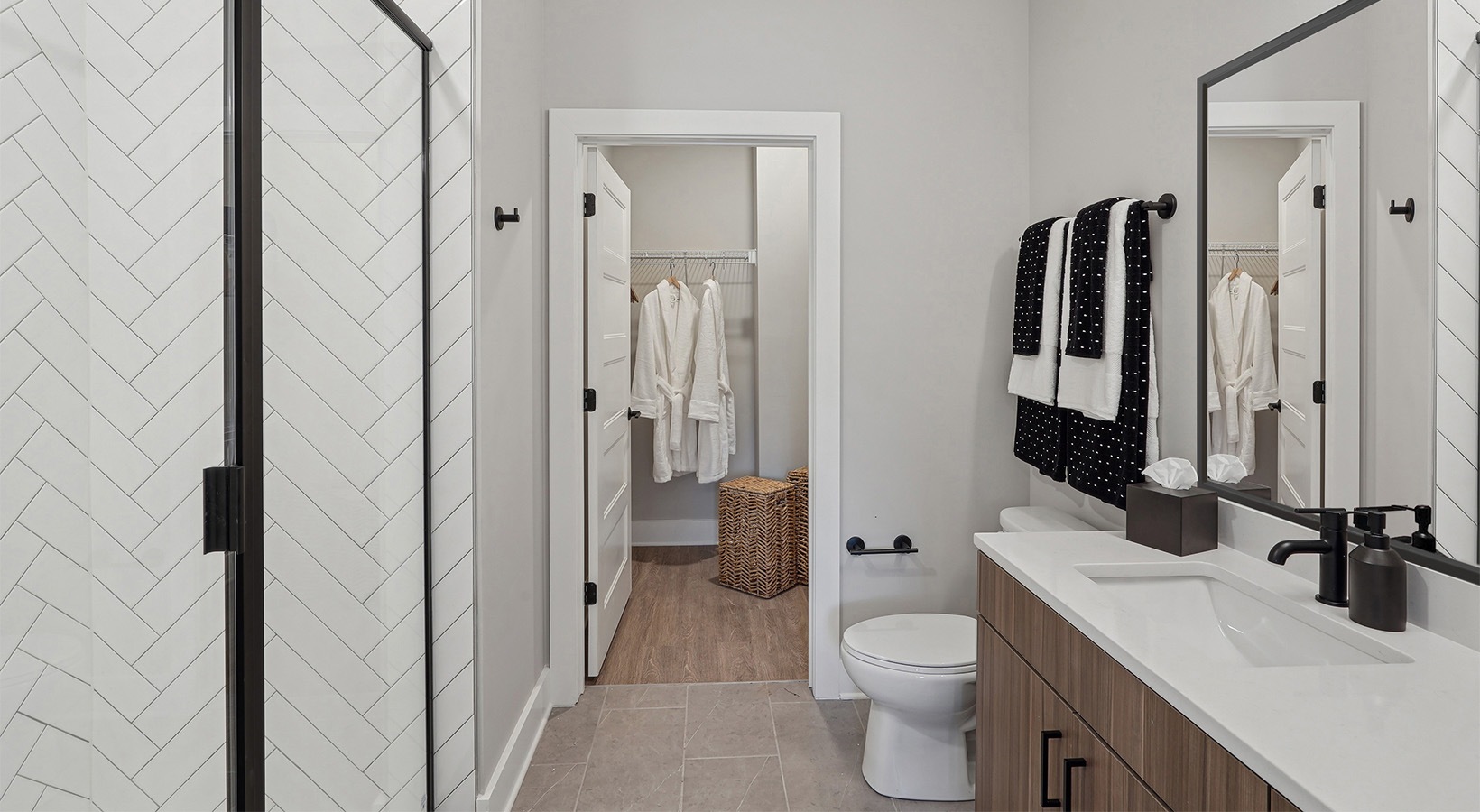 a bathroom with a glass shower