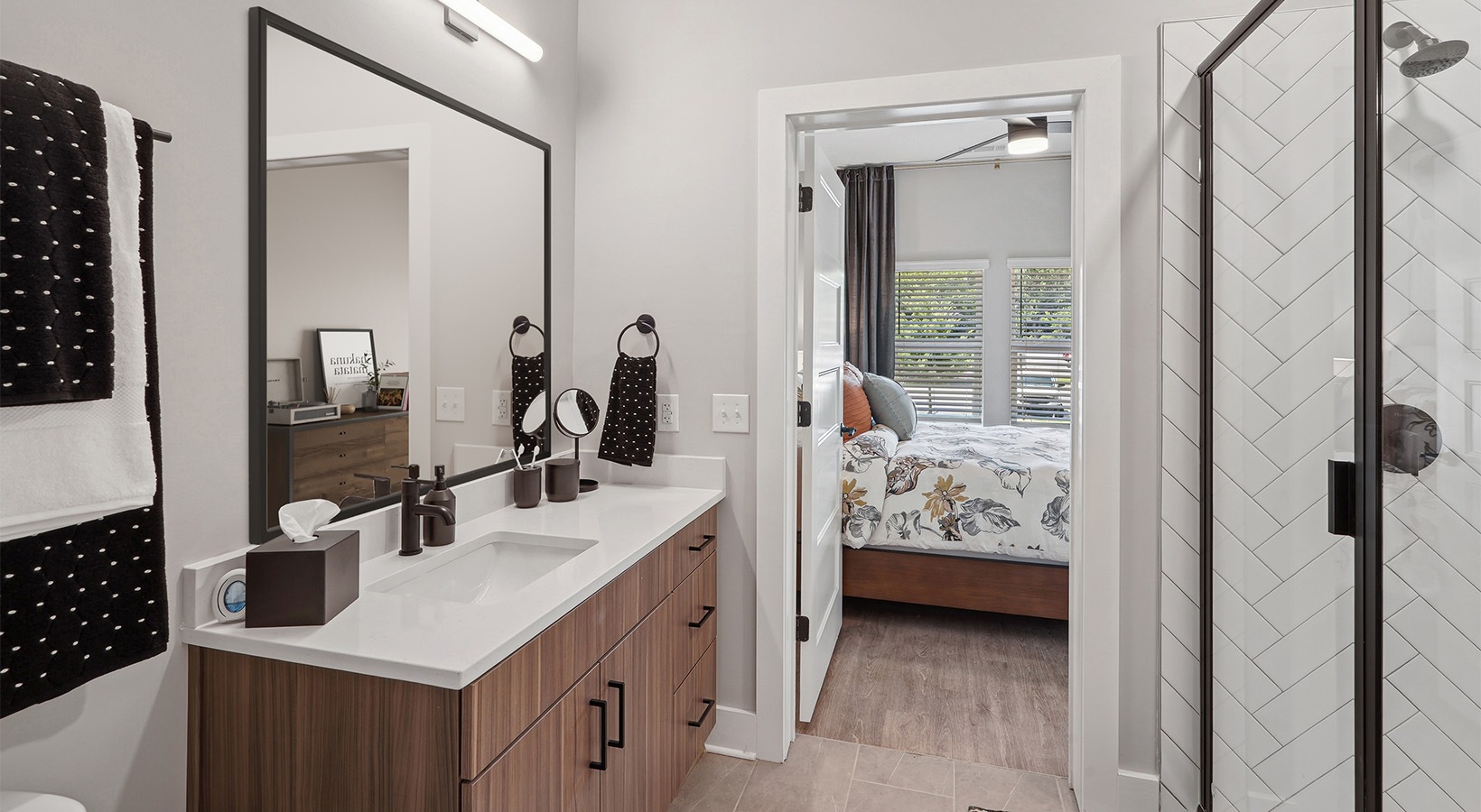 a bathroom with a glass shower