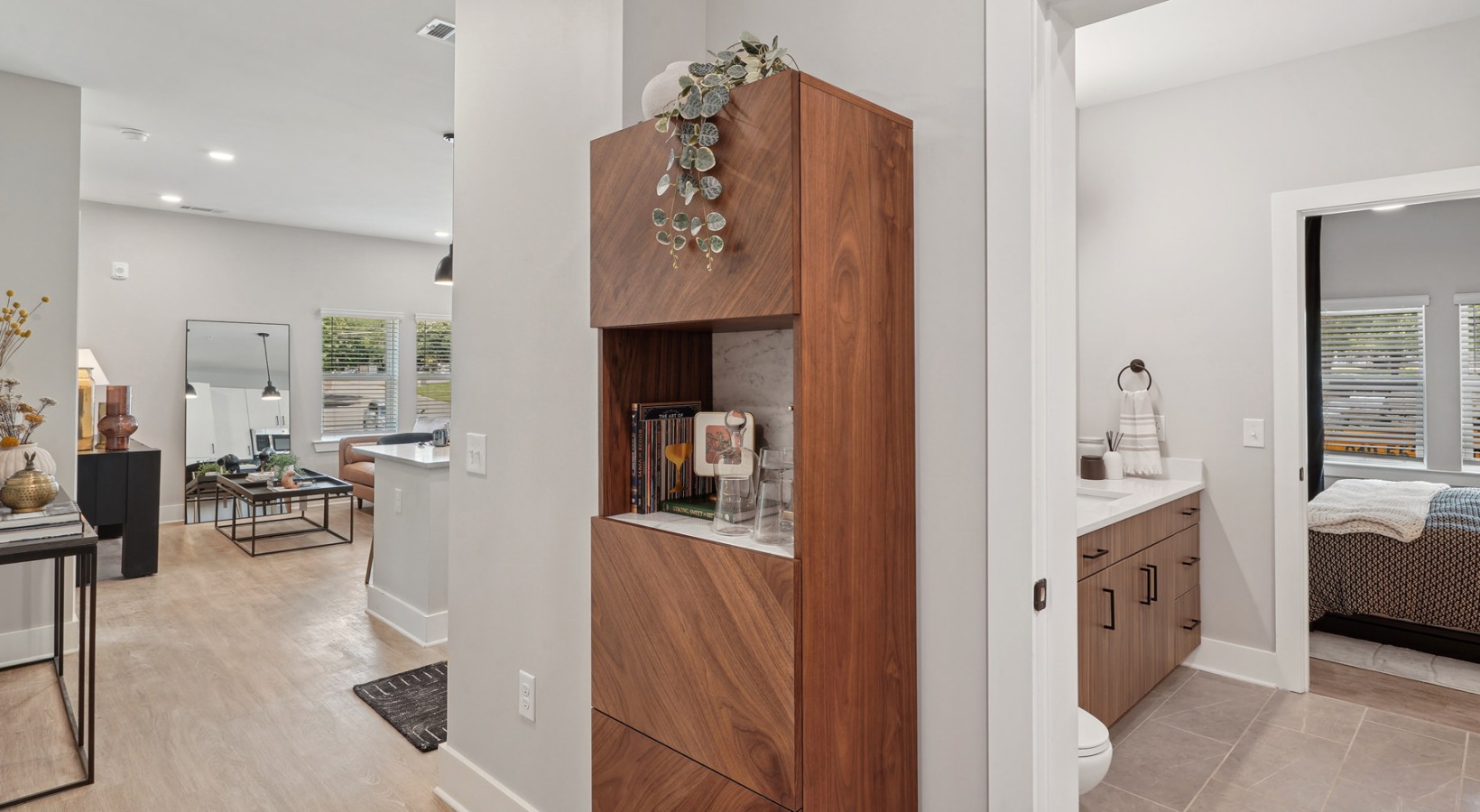 a bathroom with a vanity and a mirror