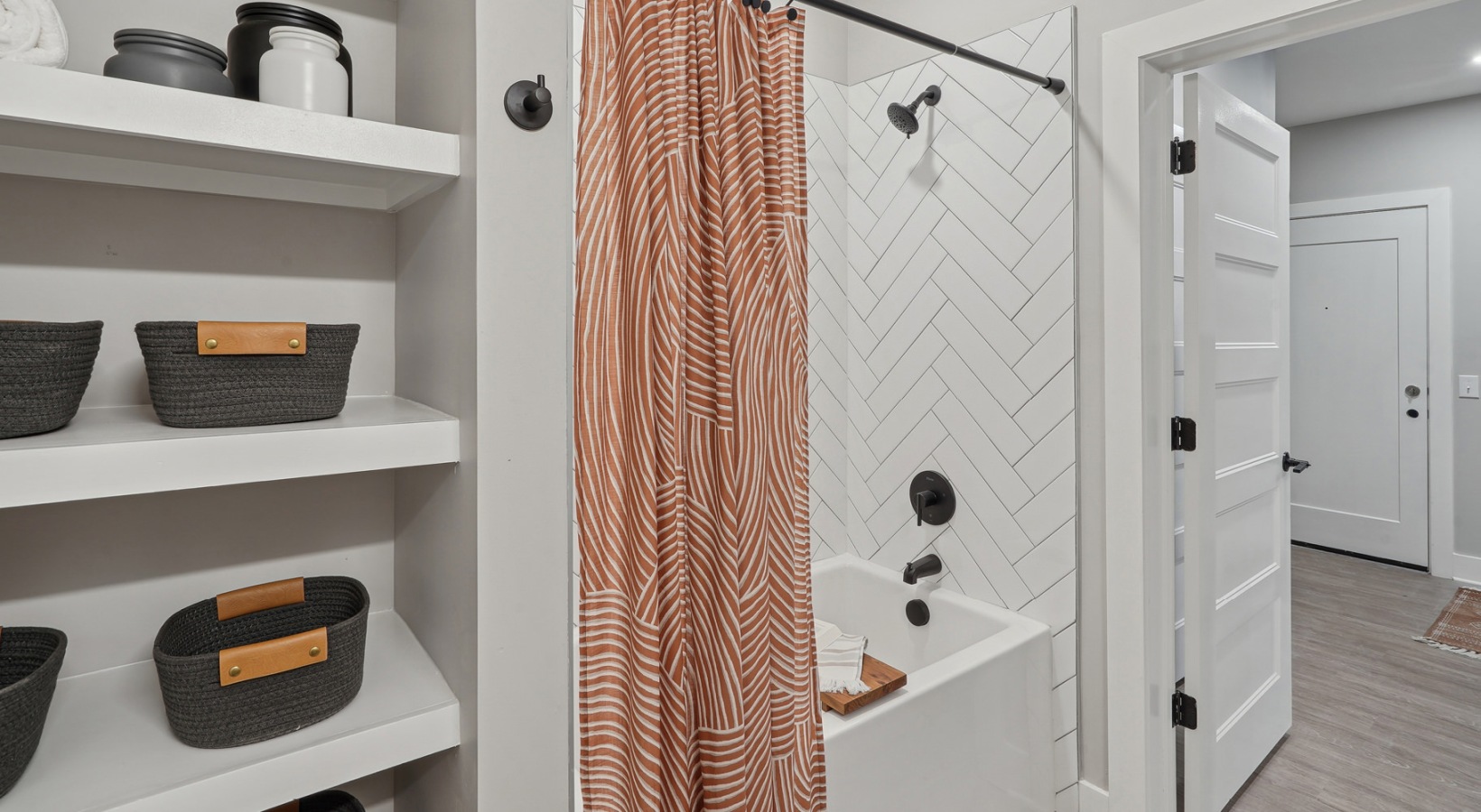 a bathroom with a glass shower