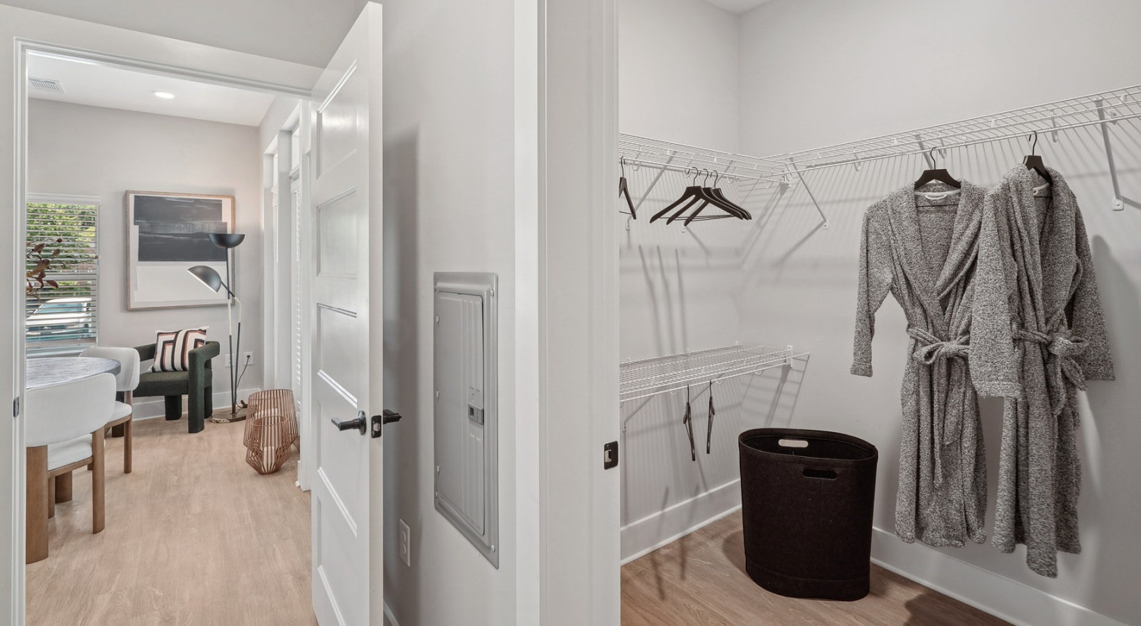 Spacious bathroom with shelving